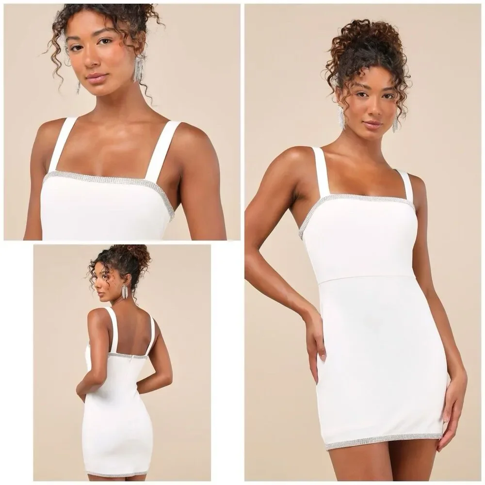 Lulus Glowing Allure Dress White Mini Bodycon Rhinestone Size S - Picture 2 of 12
